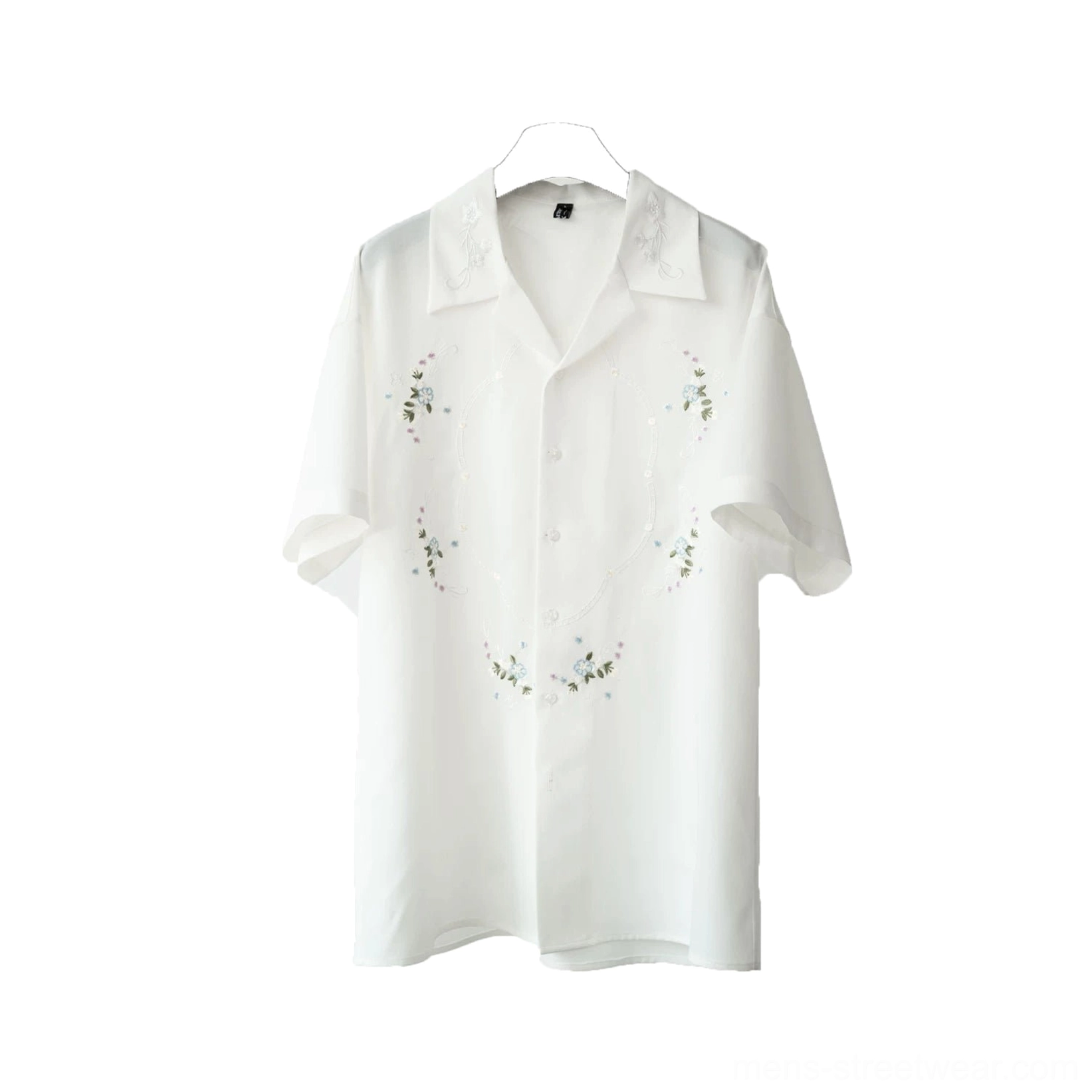 White floral embroidered camp collar shirt in a relaxed Korean streetwear silhouette