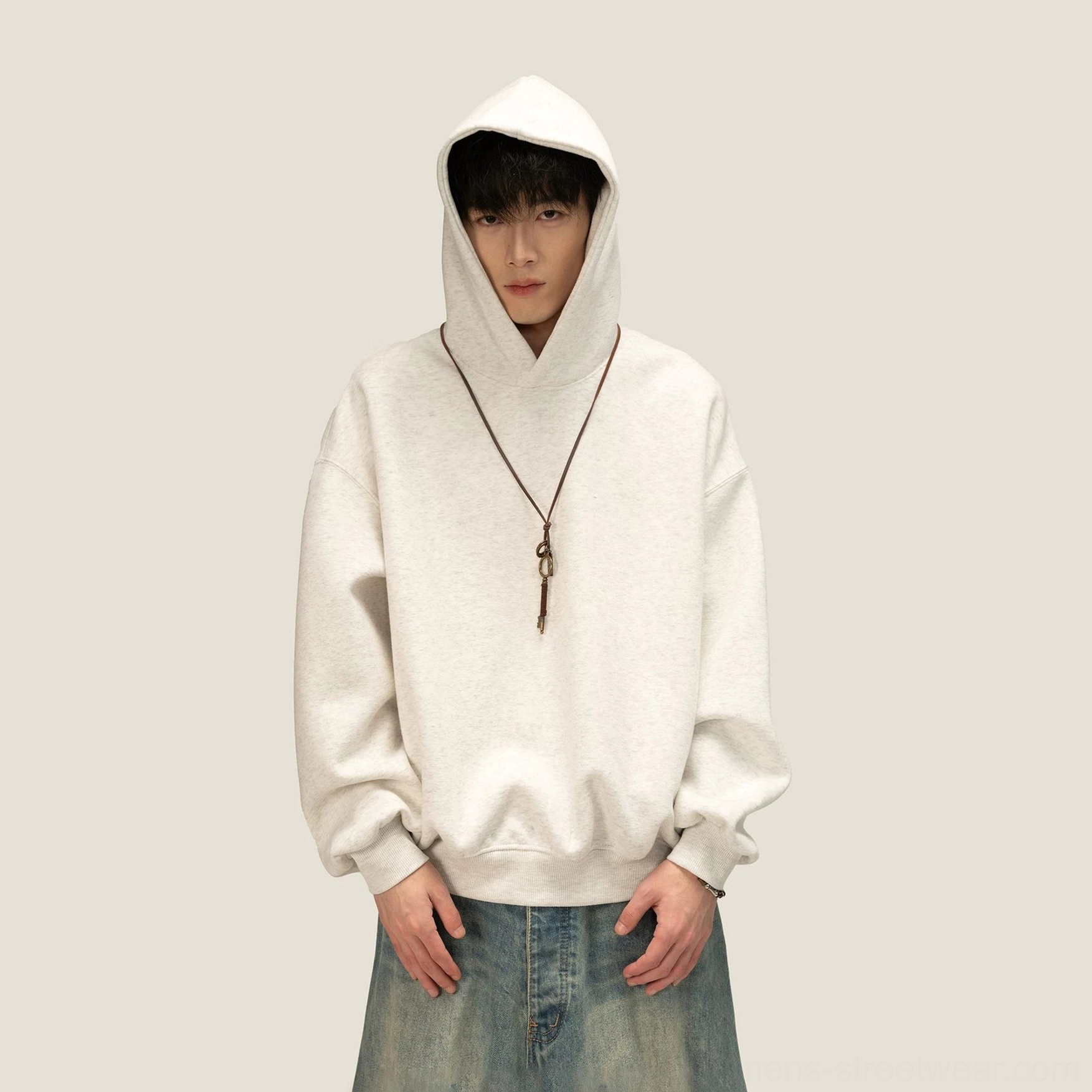 White Flower Gray oversized fleece hoodie variant with relaxed Korean streetwear silhouette