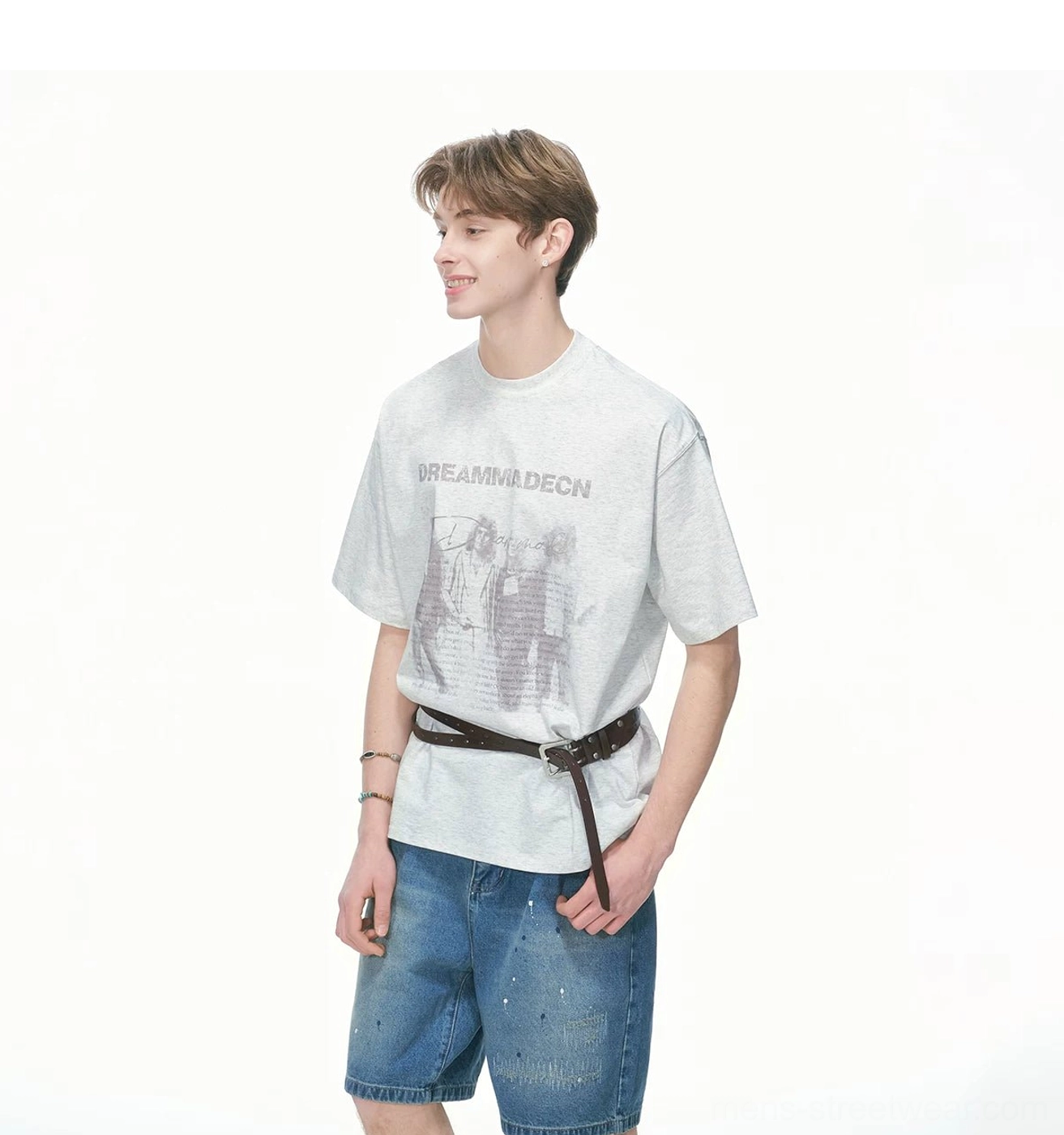 White Flower Gray oversized short sleeve T-shirt with faded front graphic print shown in a relaxed side streetwear outfit