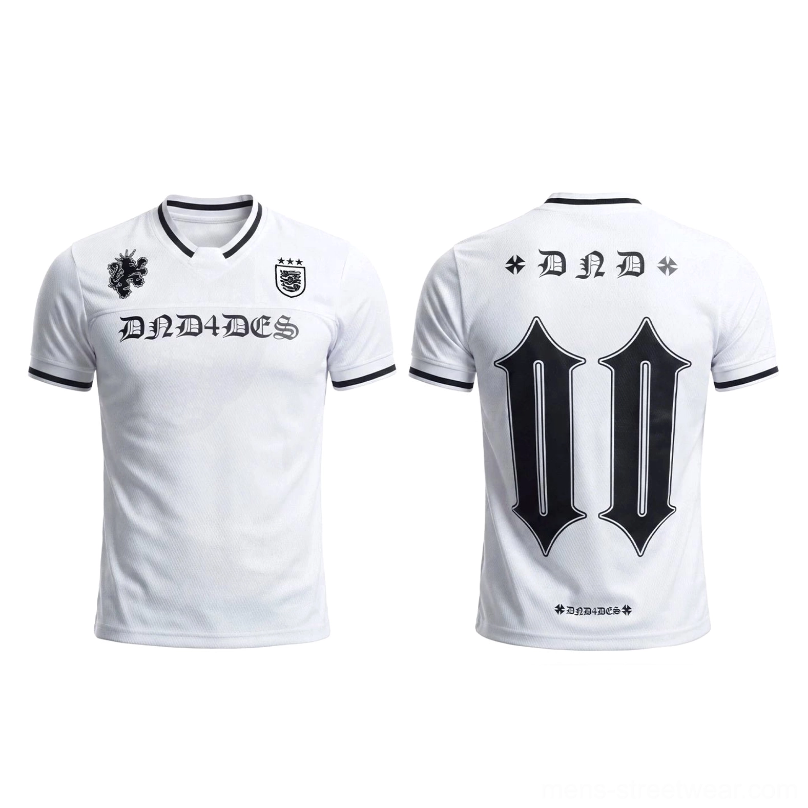 Flat lay front and back view of a white football jersey mesh T-shirt showing black chest crest graphics, V-neck trim, and large number 00 back design