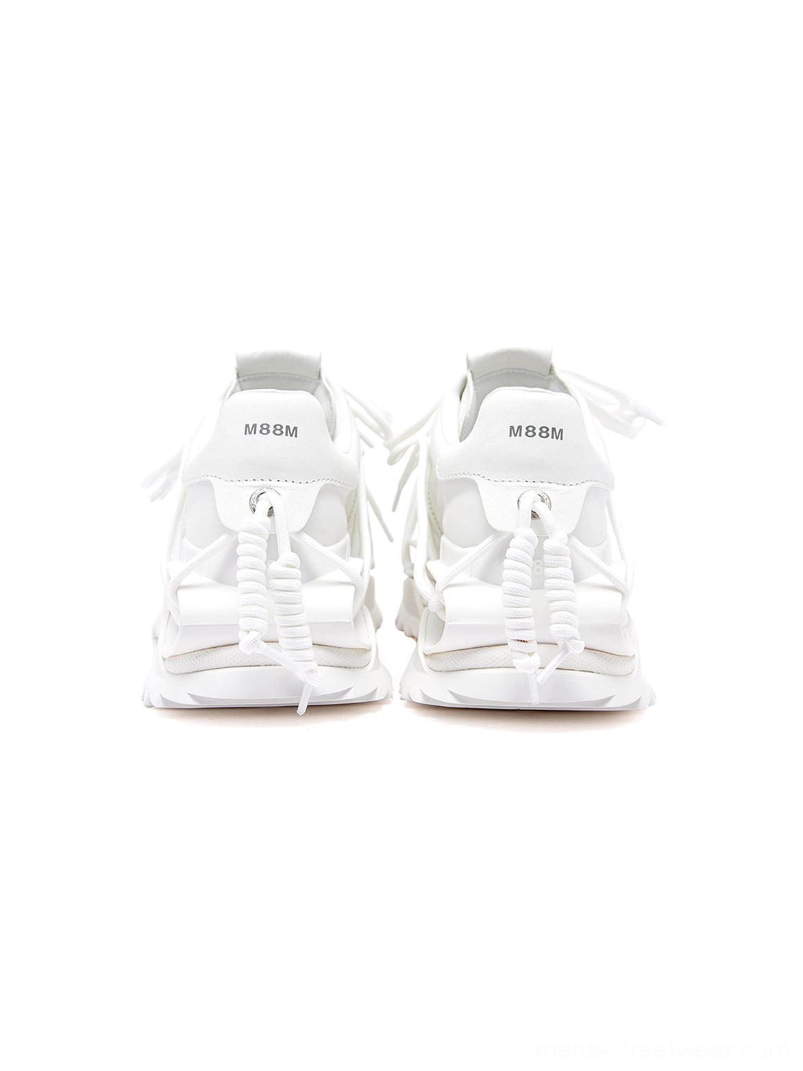 Rear view of white futuristic chunky runner sneakers highlighting the heel construction and layered strap design