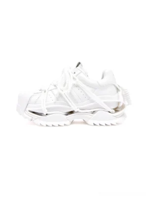 White futuristic chunky runner sneakers shown from the side with layered panels, looping strap details, and a sculpted technical outsole