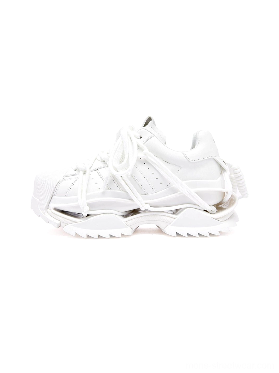White futuristic chunky runner sneakers shown from the side with layered panels, looping strap details, and a sculpted technical outsole