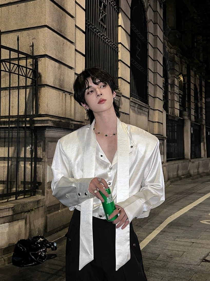 White glossy satin tie-neck streetwear shirt product image with loose fit and button-front closure