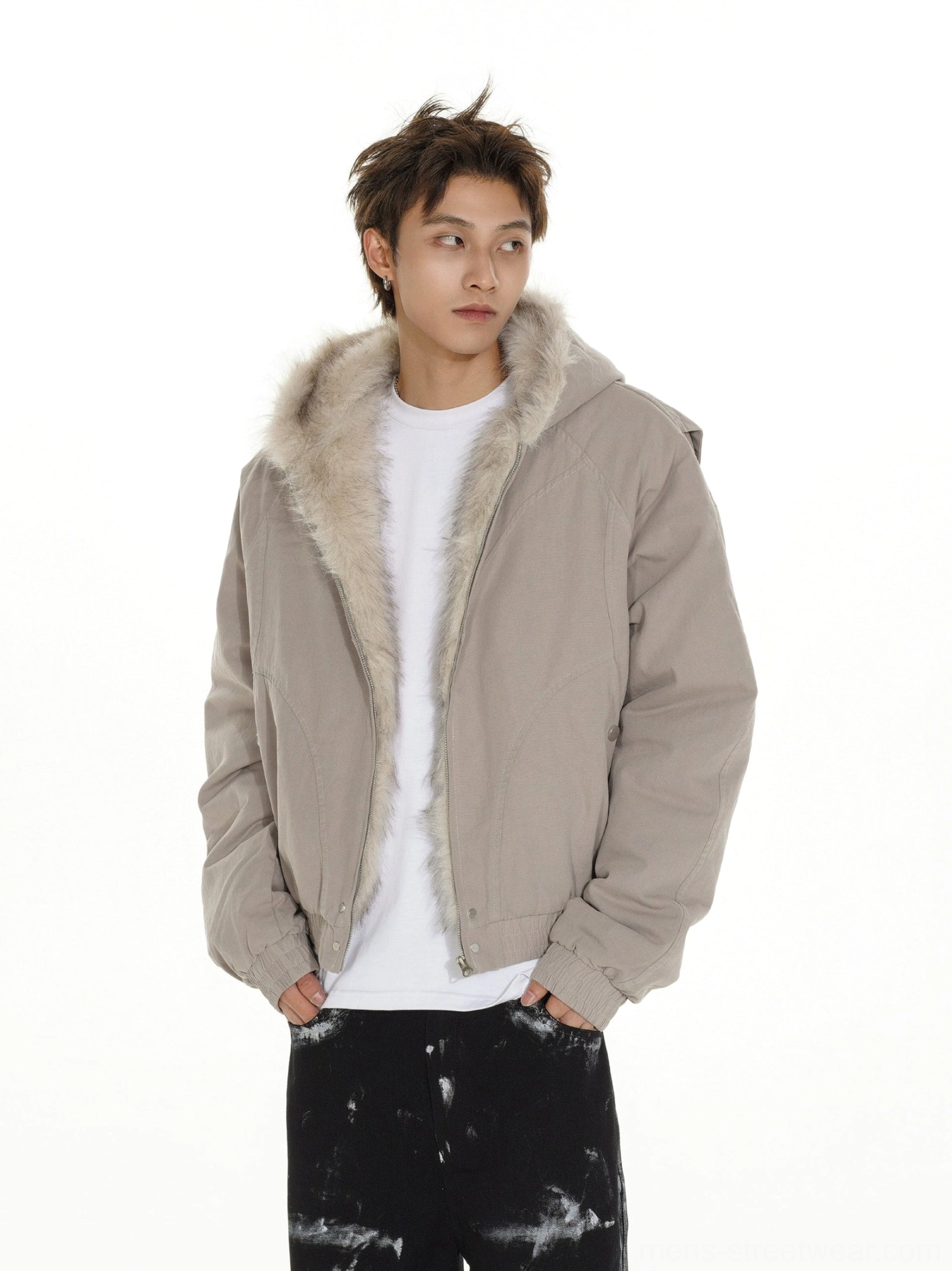 White gray taupe faux fur lined cropped bomber jacket shown from the front three-quarter view with relaxed Korean streetwear styling