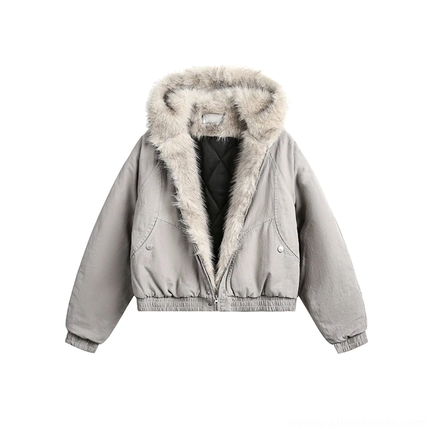 White gray faux fur lined hooded cropped bomber jacket color option for Acubi and East Asian streetwear outfits