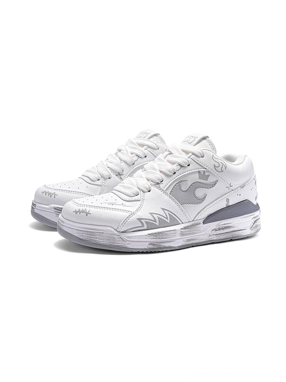 White gray minimalist flame graphic court sneakers with subtle wave artwork and a clean low-top streetwear silhouette