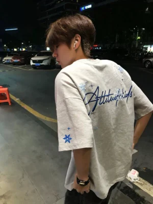 White Gray oversized snowflake embroidered graphic T-shirt with blue back embroidery in Korean streetwear style