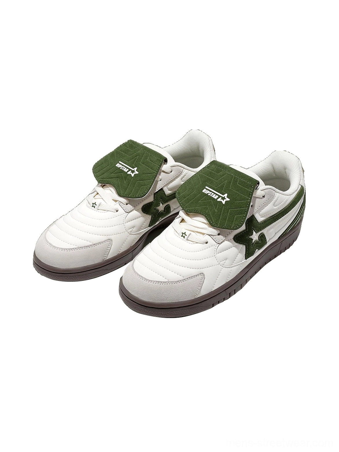 White green detachable tongue star panel streetwear sneakers product image featuring quilted toe details layered suede accents and brown outsole