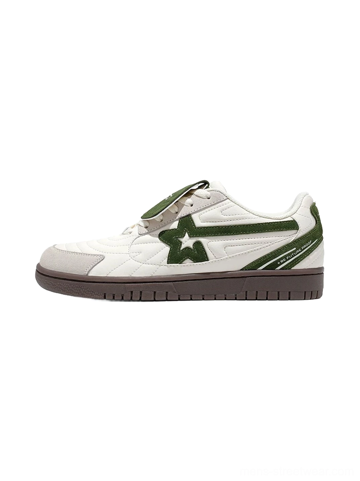 White green detachable tongue star panel streetwear sneakers shown in side view with quilted toe cap brown rubber outsole and layered suede accents
