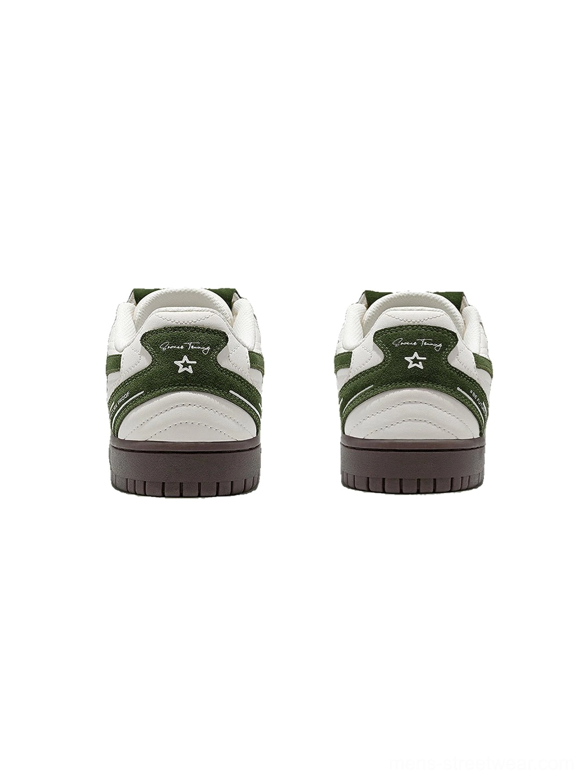 Rear view of white green star panel low-top sneakers showing the dark green heel stripe and brown rubber outsole