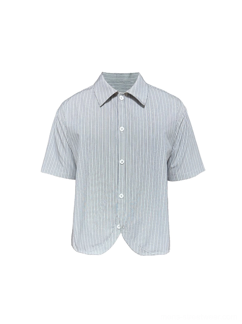 Front flat lay of a white grey Korean streetwear pinstripe shirt with pointed collar, front buttons, and curved hem