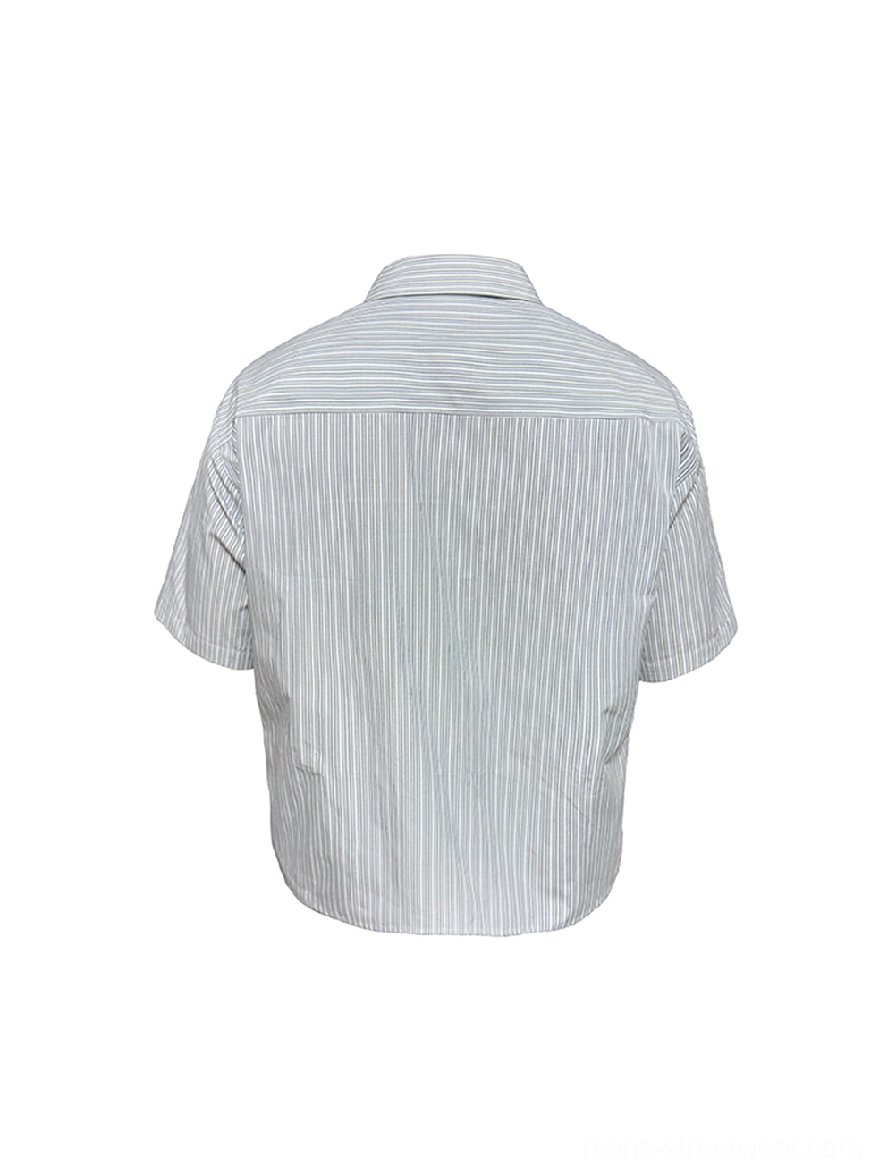 Rear flat lay of a white grey pinstripe short sleeve shirt with back yoke panel and curved shirt tail hem