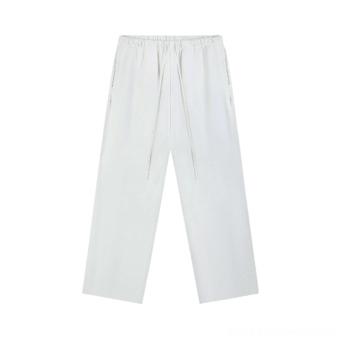 White heavyweight straight leg cotton sweatpants flat lay with adjustable drawstring waist and relaxed wide leg fit