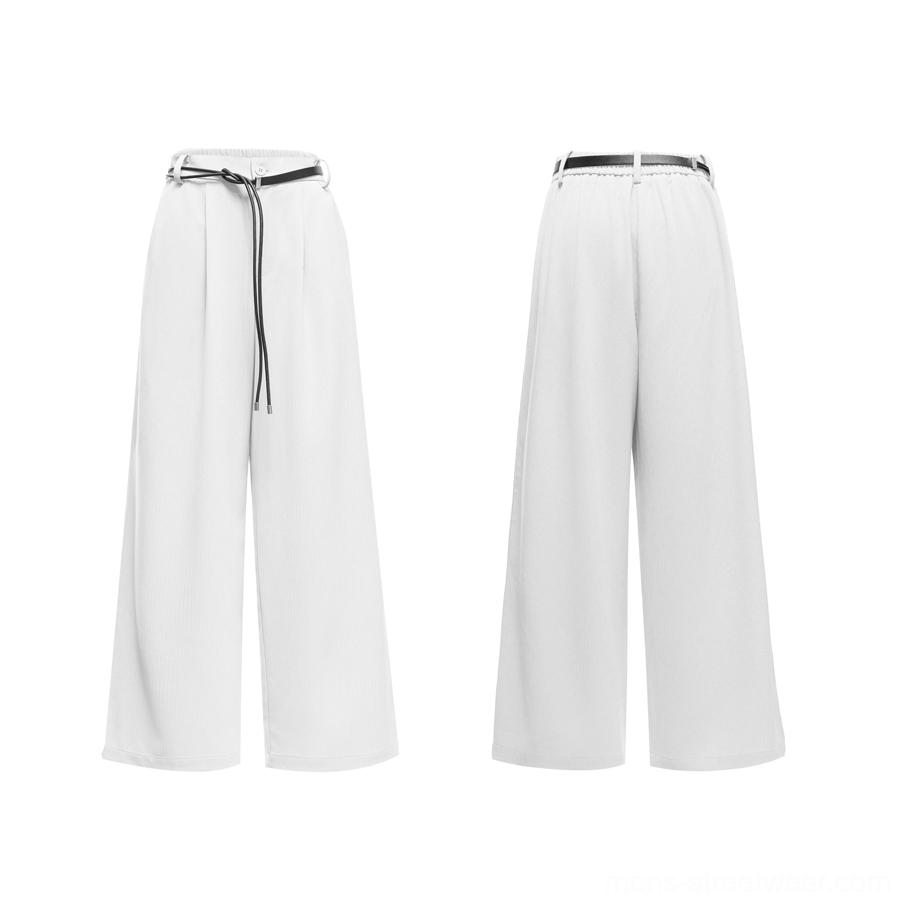 White high-rise wide-leg tailored trousers with detachable thin waist belt, drawstring detail, full-length leg, and smooth suiting fabric