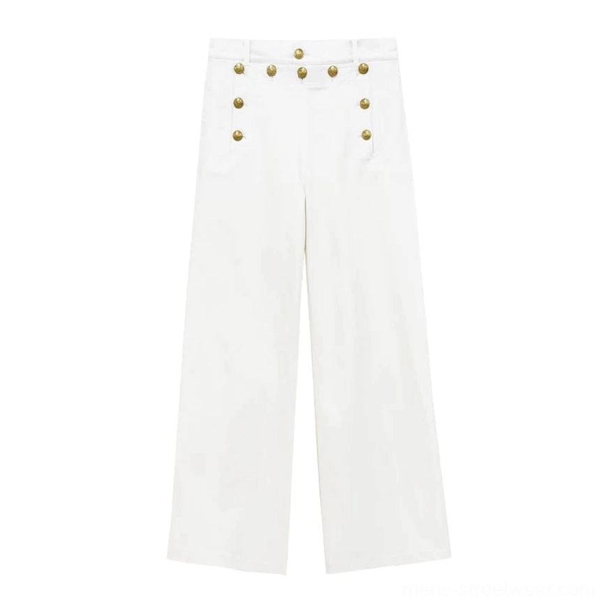 Flat lay view of white high-waisted wide-leg sailor trousers with gold-tone double waistband buttons and flap pocket details