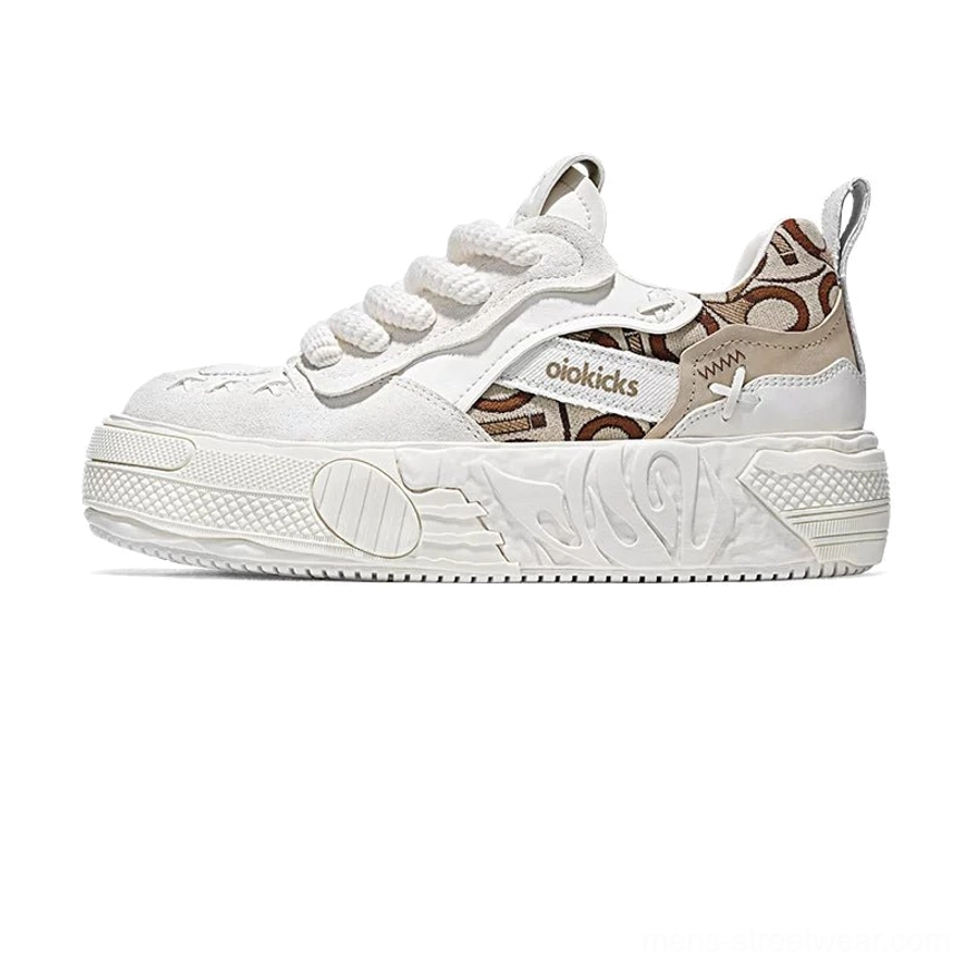 White khaki camo panel leather platform sneaker detail collage showing side top rear and textured outsole views
