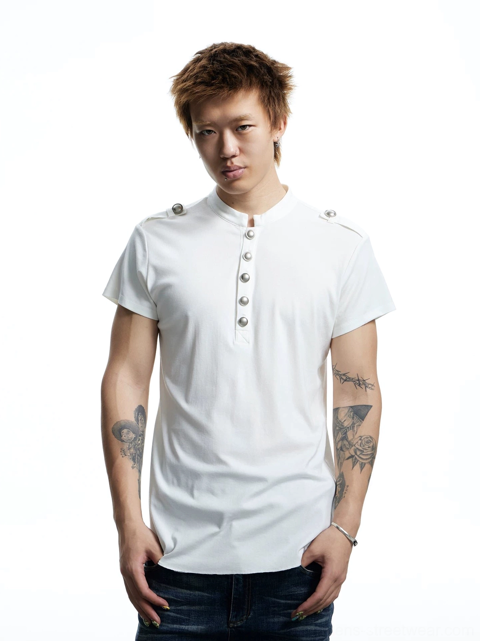 Men's white Korean streetwear Henley T-shirt with shoulder tabs, half button placket, slim short-sleeve cut, and clean modern silhouette