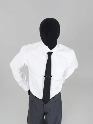 White Korean streetwear point-collar long-sleeve shirt styled with black necktie metal tie clip and tailored dark trousers
