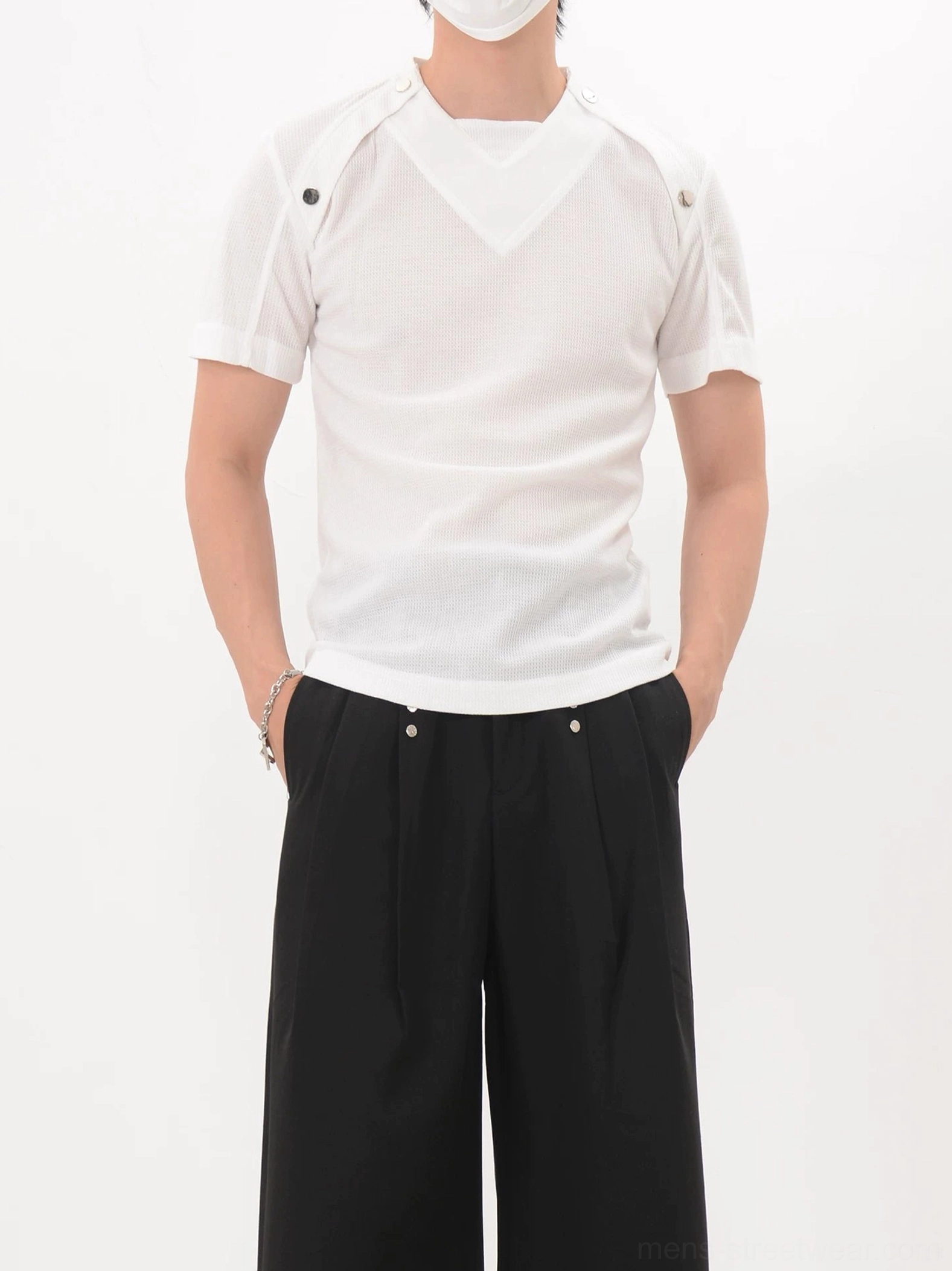White Korean streetwear shoulder snap knit tee full front view with crew neck, fitted cut, knit texture, and structured chest panel