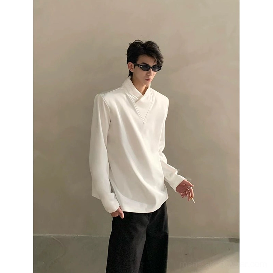 White layered high-collar long-sleeve streetwear shirt with oversized fit and draped neckline