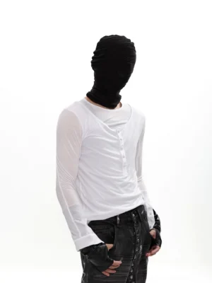 White layered semi-sheer Henley long-sleeve streetwear top with grey inner tee, buttoned chest placket, face hood, and avant-garde Korean fashion styling