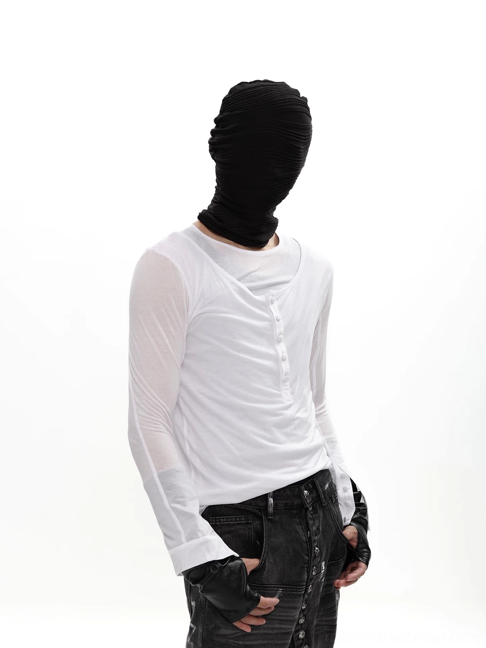 White layered semi-sheer Henley long-sleeve streetwear top with grey inner tee, buttoned chest placket, face hood, and avant-garde Korean fashion styling