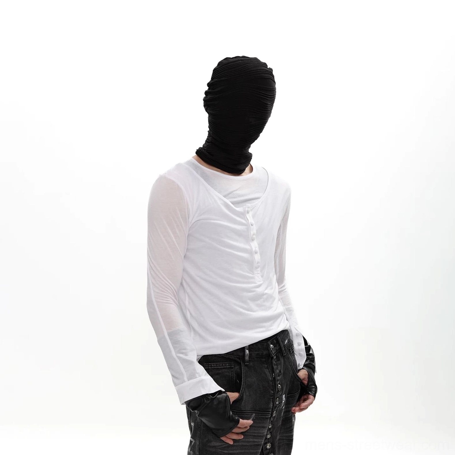 White layered ruched Henley long-sleeve top with grey inner tee, semi-sheer outer fabric, buttoned front placket, and modern streetwear silhouette