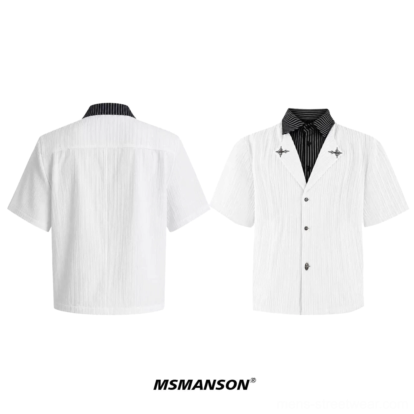 White layered short-sleeve streetwear shirt shown flat front and back with striped inner collar and silver star details
