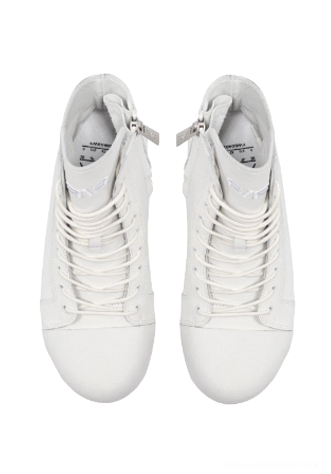 Top-down view of white leather high-top boots showing inner lining, lace-up construction, and convenient outer side zippers