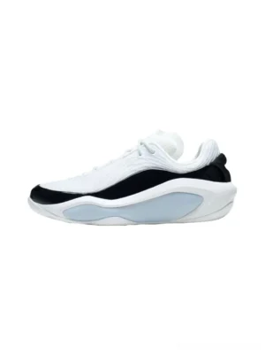 White leather PEBAX performance basketball sneaker side profile with molded knit upper black toe cap and translucent blue midsole