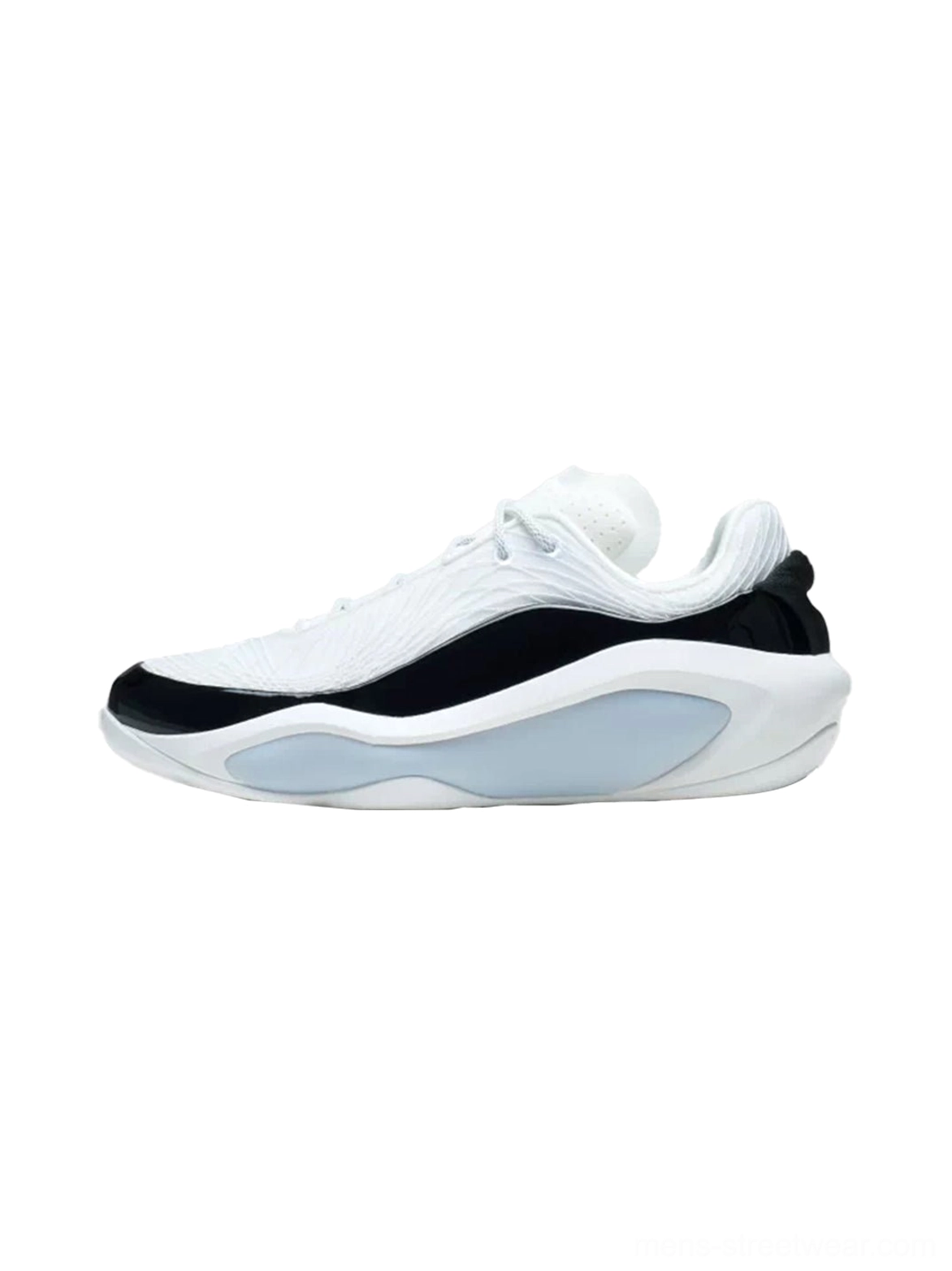 White leather PEBAX performance basketball sneaker side profile with molded knit upper black toe cap and translucent blue midsole