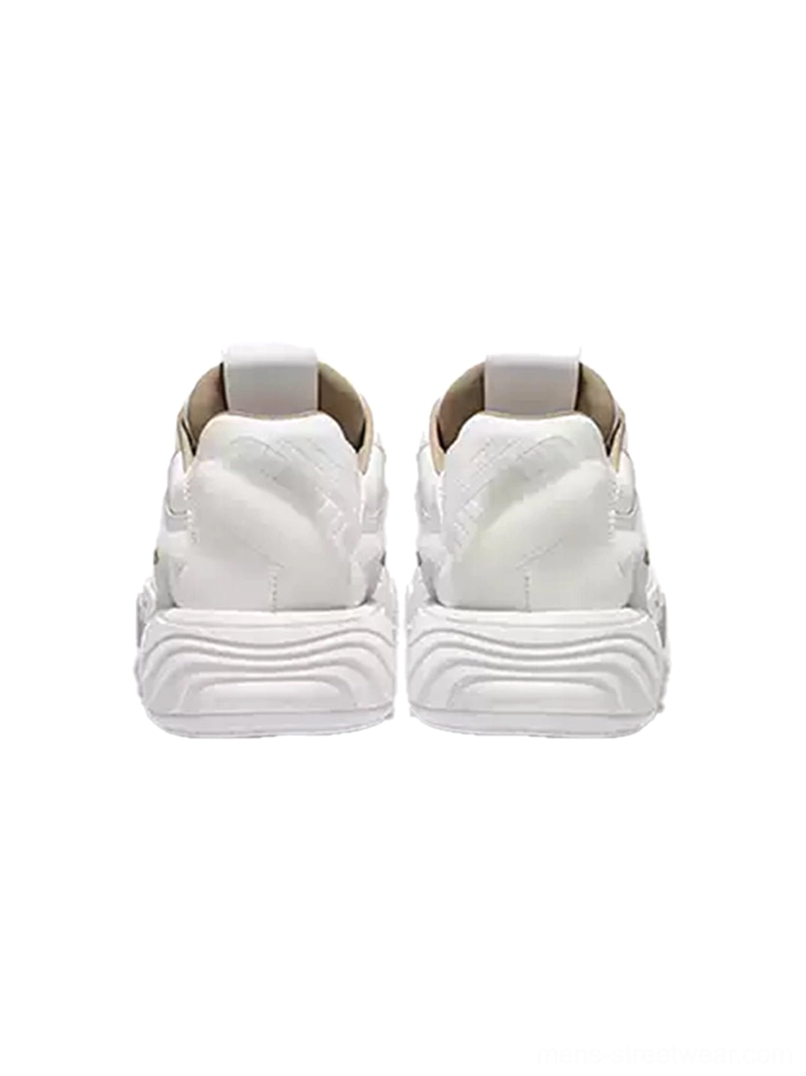 Rear view of white leather platform skate sneakers with stacked chunky heel, pull tabs, and elevated EVA rubber outsole