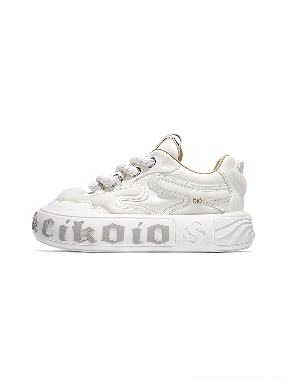 Side profile of white leather platform skate sneakers with layered upper panels, wavy outsole, and sculpted streetwear sole