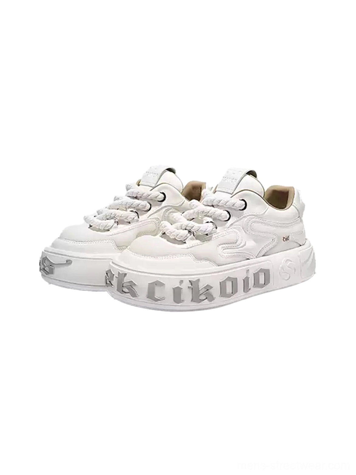 White leather wavy sole platform skate sneakers with layered panels, braided laces, chunky EVA rubber sole, and streetwear styling