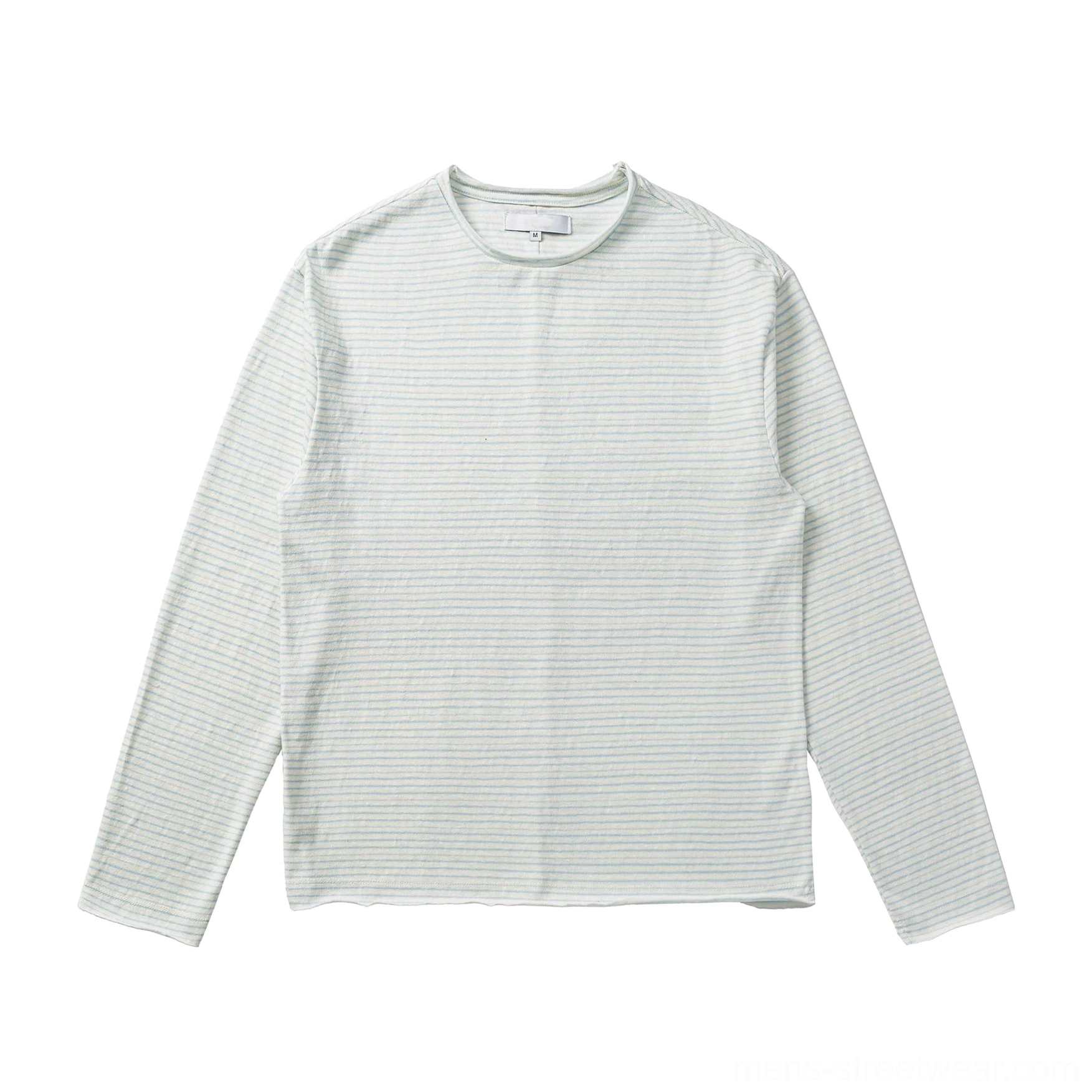 White and light blue stripe long sleeve crew neck tee with relaxed layered hem and Korean streetwear fit