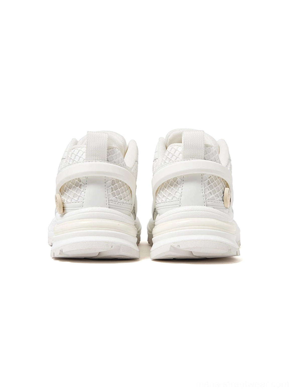 Rear view of white mesh runner sneakers featuring heel pull tabs, decorative heel accents, and a structured sculpted outsole