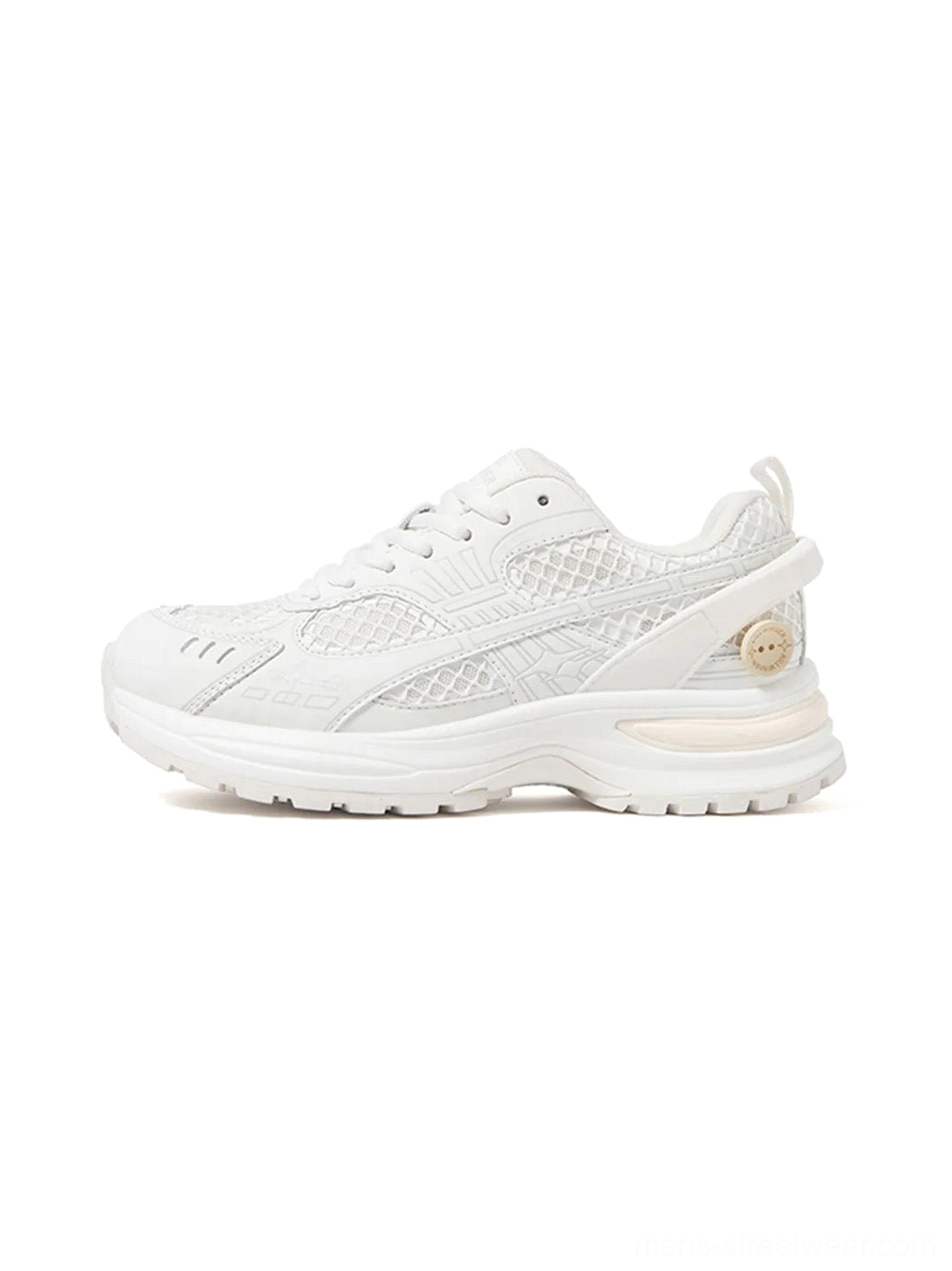 White mesh sculpted-sole runner sneakers shown in a clean left-side studio view with layered breathable panels, chunky technical outsole, and rear heel accent