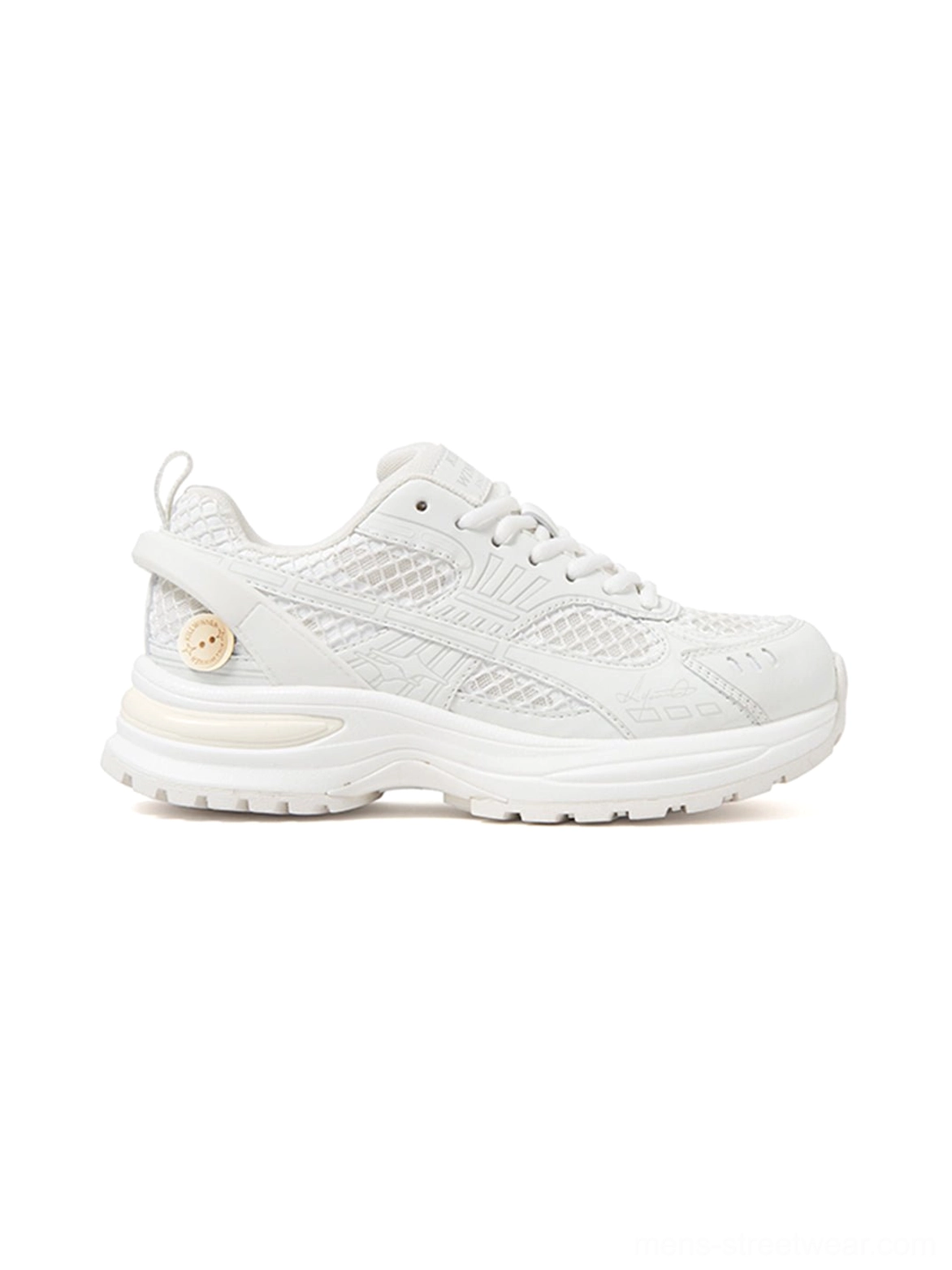 Right-side profile of a white mesh sculpted-sole sneaker with layered overlays, breathable upper, and chunky technical runner shape