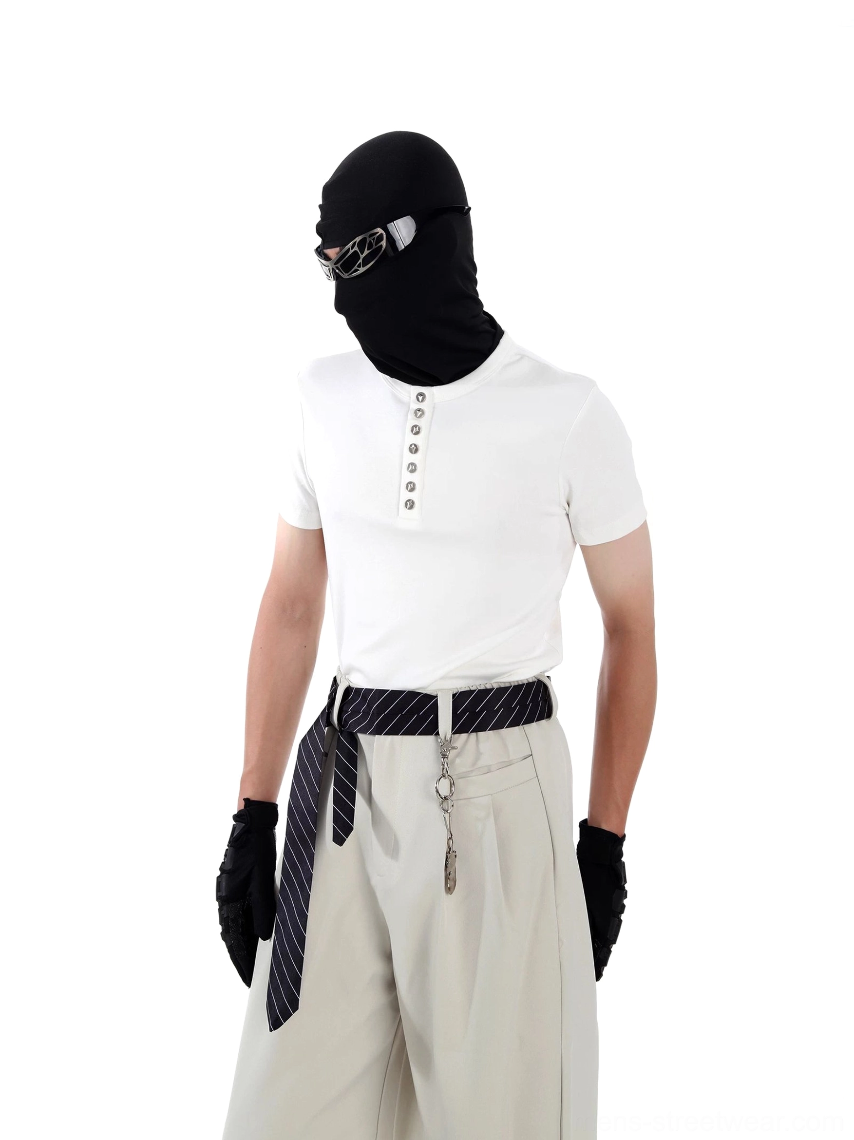 White minimalist Henley tee with metallic buttons styled in a contemporary East Asian streetwear outfit