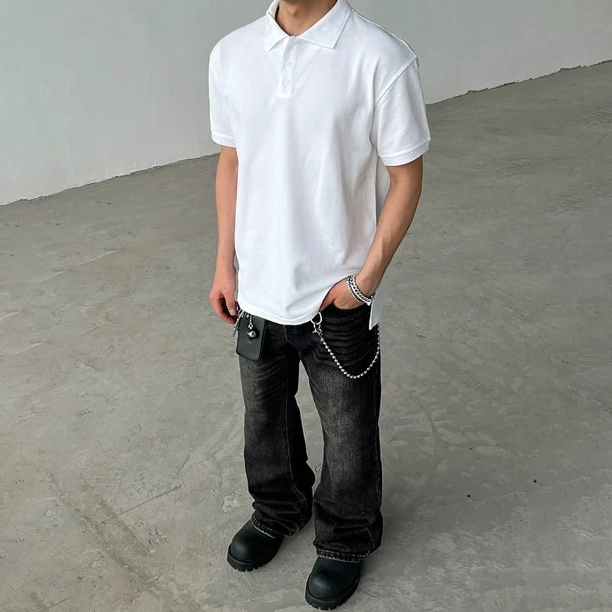 White minimalist short-sleeve polo shirt styled with black flared jeans and leather shoes in a modern Korean streetwear outfit