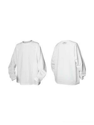 White minimalist raglan long sleeve T-shirt with clean crew neck and loose cotton streetwear silhouette