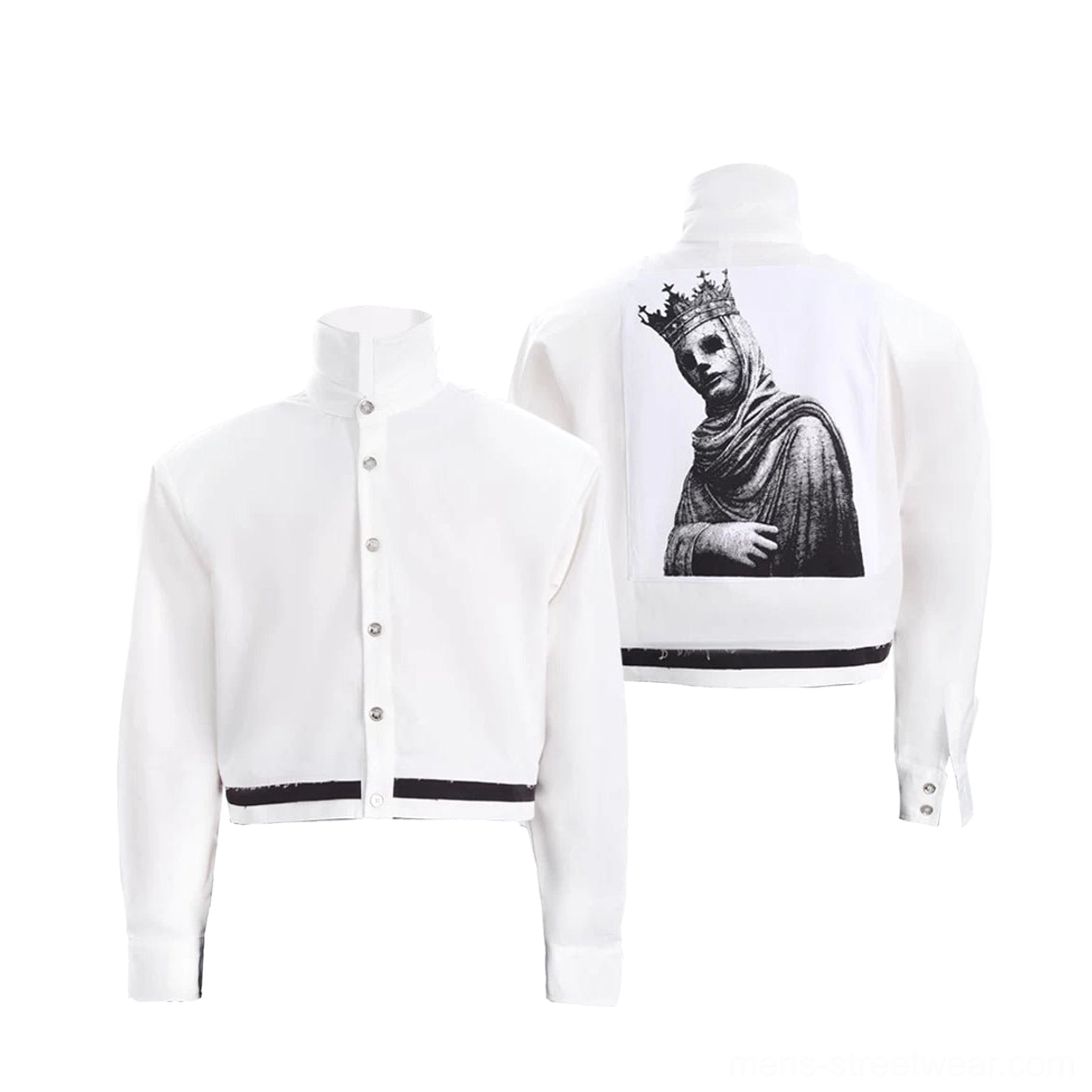 Flat lay front and back view of a white monochrome cropped jacket showing the structured stand collar, snap-button front, black hem stripe, and crowned figure back print