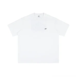 White mountain graphic T-shirt front view with relaxed boxy fit classic crew neck and minimal embroidered chest detail