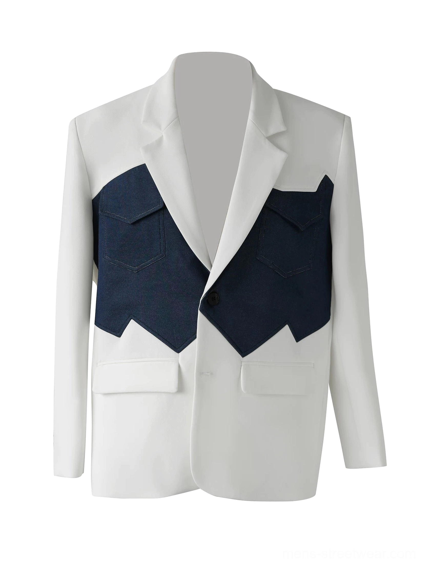 Flat-lay product view of a white and deep navy two-tone Western blazer with notched lapels, flap pockets, and straight hem