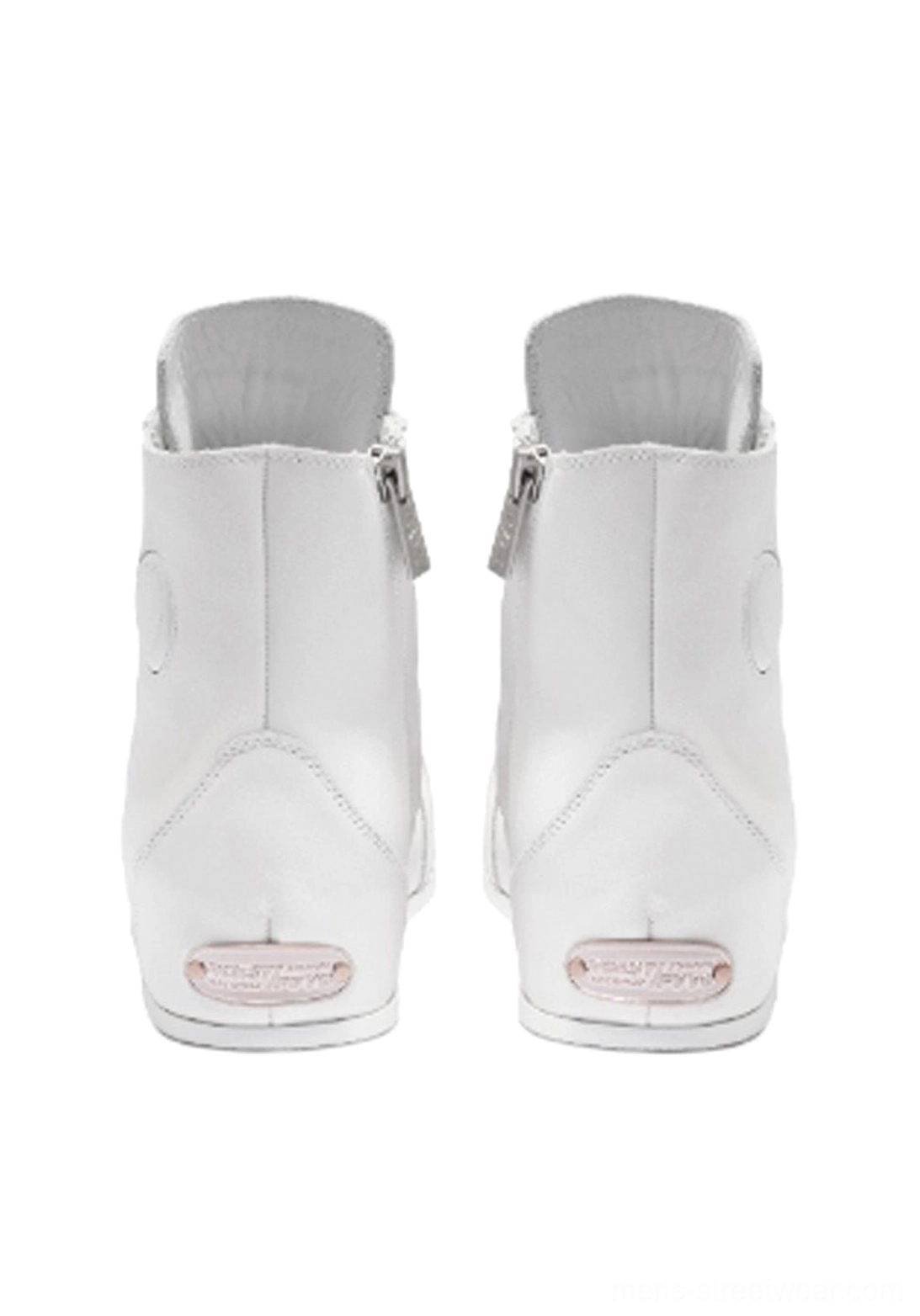 White open-heel leather high-top boots with layered lacing and sculpted elevated sole styled as contemporary avant-garde streetwear footwear