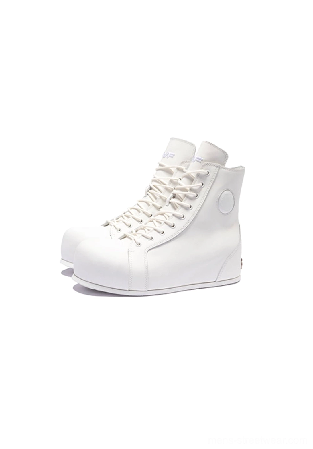 White leather open-heel high-top boots shown from a left three-quarter angle with layered lacing, rounded toe, and sculpted elevated streetwear sole