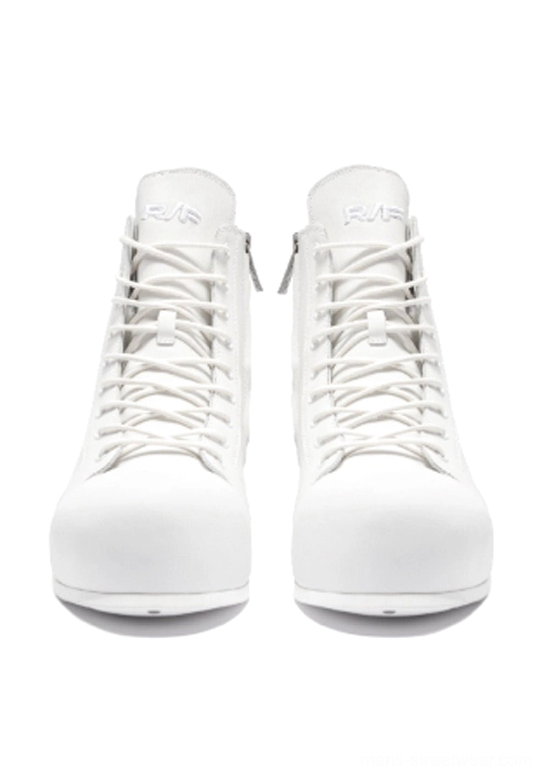 Pair of white leather open-heel high-top boots displayed from the front with symmetrical laces, round toe box, and elevated sole