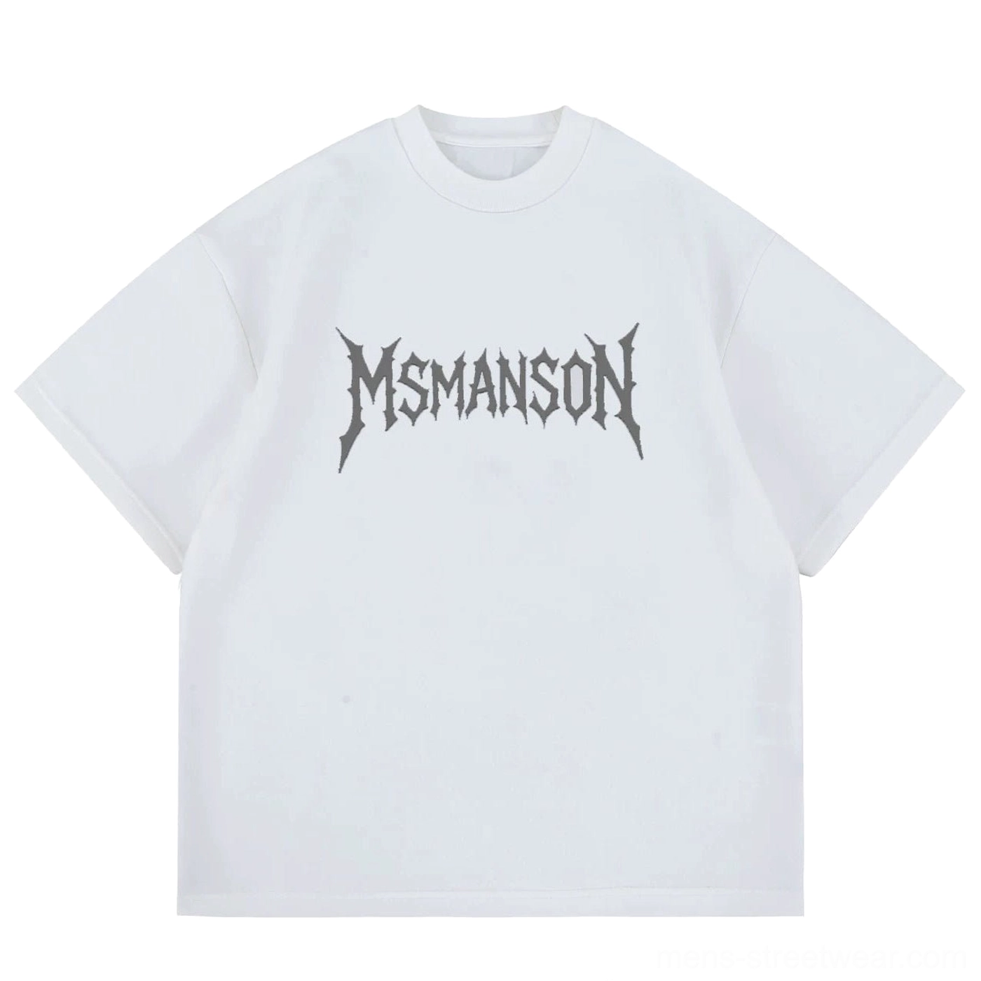 Flat lay of white oversized cotton T-shirt with grey gothic script graphic and relaxed crew neck Korean streetwear silhouette