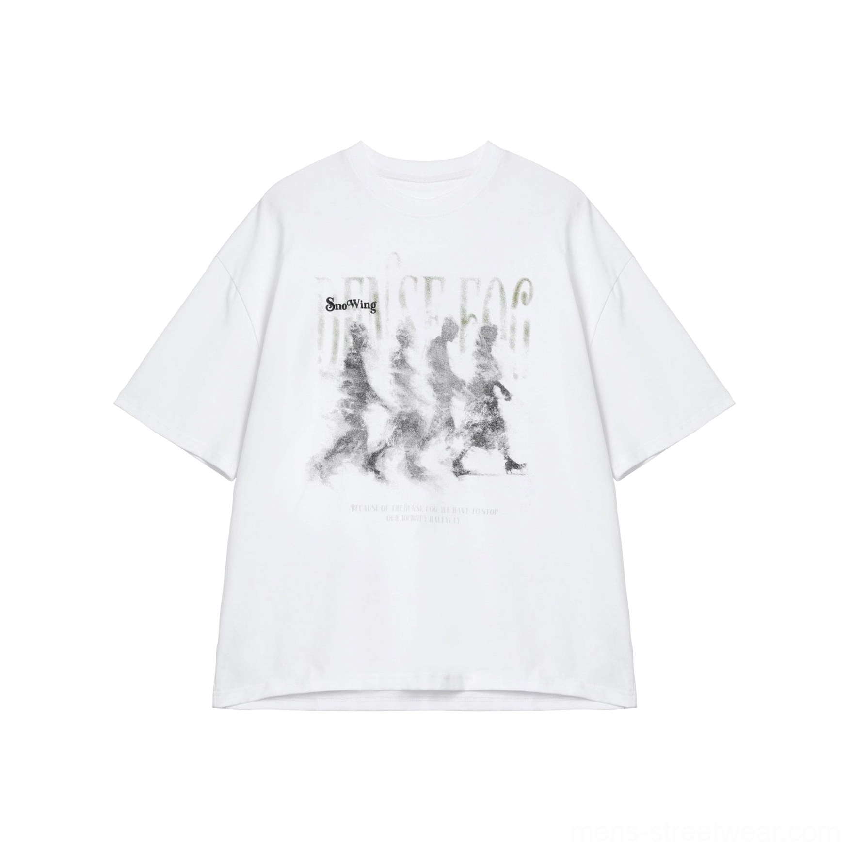 Flat lay view of a white oversized cotton graphic T-shirt with blurred vintage marching artwork, text print, and loose drop shoulder sleeves